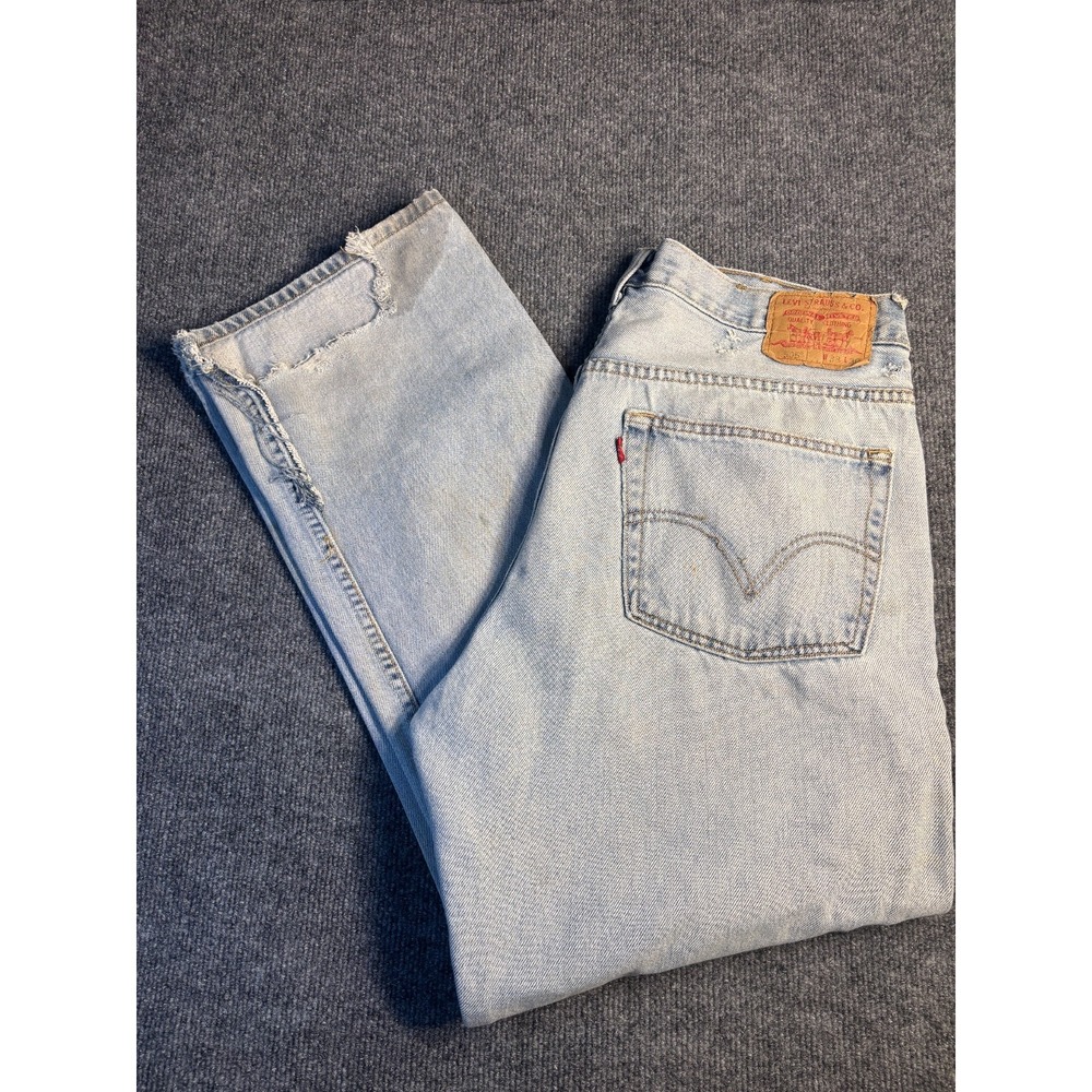 Levi's 505 Jeans Mens 38x30 Blue Denim Light Wash Regular Fit Red Tab Distressed